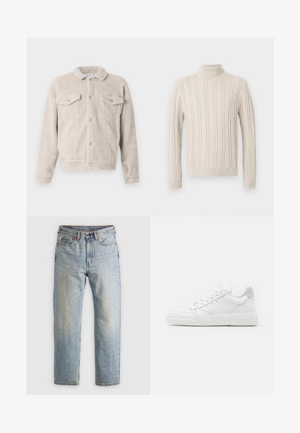 Faux shearling jacket in light beige. Button-up front with two chest pockets and a collared neckline. Soft texture, cropped design.; Beige, knitted sweater with a high, ribbed turtleneck. Features a textured cable pattern and ribbed cuffs and hem, offering a cozy appearance.; Light blue denim jeans with high waist, front button, zipper, and five-pocket design, laid flat on a neutral background.; White leather sneakers with a smooth finish, rounded toe, flat laces, and a textured sole. Grey suede accent at the heel.