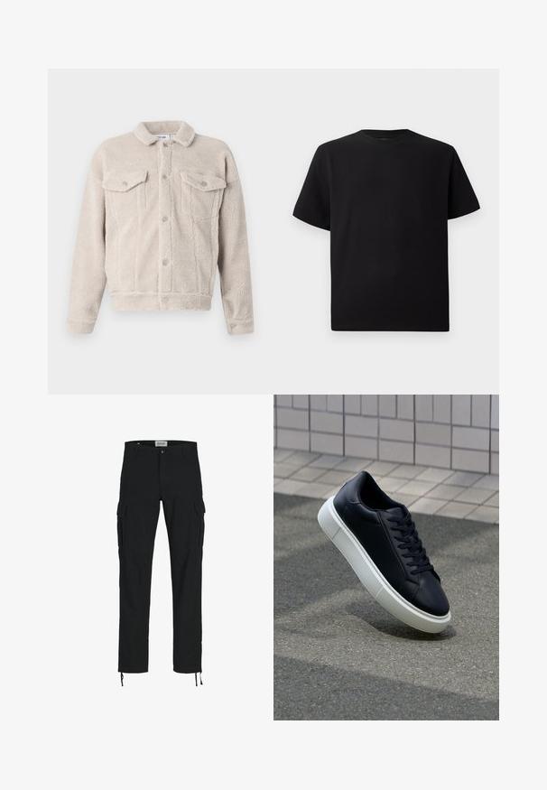 Mākslīgā kažokādas jaka gaiši bežā krāsā. Pogājama priekšpuse ar diviem krūšu kabatām un apkakles izgriezumu. Mīksta tekstūra, īsa dizaina.; Melnās īsām piedurknēm T-krekls no teksturēta auduma, ar apaļu kakla izgriezumu un brīvu piegriezumu. Vienkāršs, bez rakstiem vai akcentiem.; Melni cargo bikses ar taisnu piegriezumu, ar sānu kabatām, pogu aizdari un elastīgām auklām pie potītēm. Izgatavotas no izturīga auduma.; Melnas ādas kedas ar noapaļotu pirkstu un baltu gumijas zoli. Iespējas - plakanas šņorītes un minimāla apdare augšdaļā. Struktūrēta zole, lai nodrošinātu saķeri.