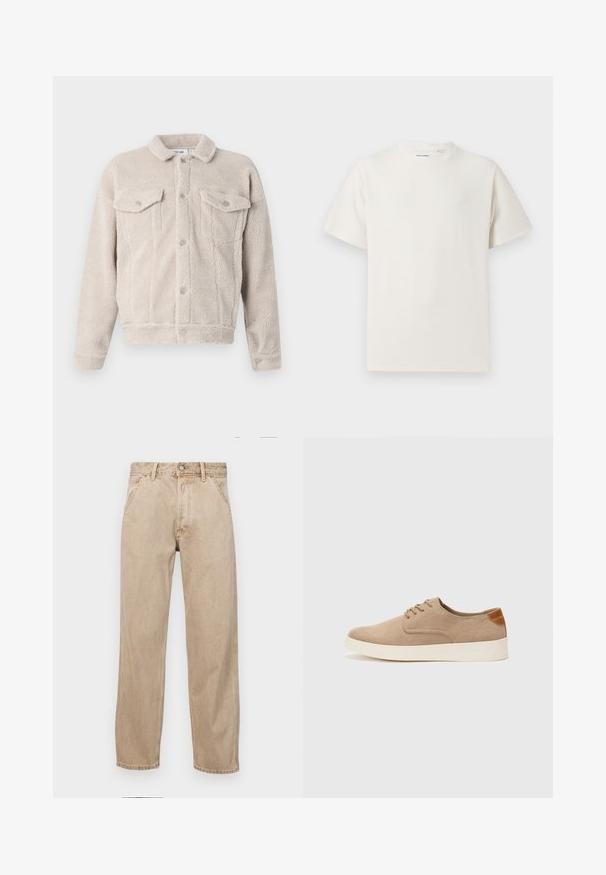 Kurtka z sztucznego owczego futra w jasnym beżu. Zapięcie na guziki z dwiema kieszeniami na piersiach i kołnierzykiem. Miękka tekstura, krótki krój.; Biała krótka koszulka z krótkim rękawem o żebrowanej fakturze. Okrągły dekolt, luźny krój, brak widocznych wzorów lub akcentów. Prosty i uniwersalny design.; Beżowe dżinsy o prostym kroju, z przednimi kieszeniami, metalowym zapięciem na guzik i delikatną teksturą.; Beżowe zamszowe sneakersy z okrągłym noskiem, sznurowanym przodem i teksturowanym akcentem na tyle. Biała gumowa podeszwa tworzy kontrast. Prosty i nowoczesny design.