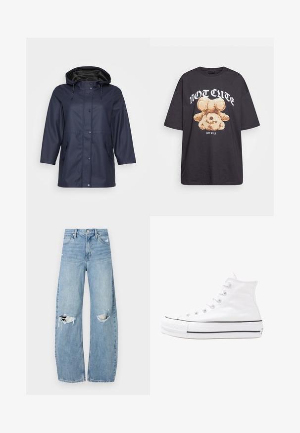 Navy waterproof raincoat with a hood, featuring a zipper and buttons, and two side pockets, displayed against a light background.; Black oversized t-shirt featuring a graphic of a bear with the text “NOT CUTE BUT WILD” in bold, white lettering. Cotton material.; Light blue, high-waisted jeans made of denim. Feature wide legs, two torn knee areas, and classic five-pocket styling.; White high-top canvas sneaker with black rubber sole, front rubber toe cap, and six eyelets for laces, featuring a clean, minimalist design.