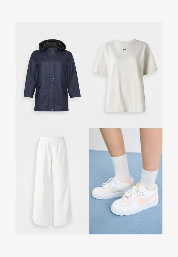 Navy waterdichte regenjas met een capuchon, voorzien van een rits en knopen, en twee zijzakken, weergegeven tegen een lichte achtergrond.; Witte katoenen t-shirt met een ronde halslijn en korte mouwen. Heeft een klein zwart Nike-logo op de borst. Eenvoudig en onopgesmukt ontwerp.; Witte atletische broek met wijde pijpen, een geribde tailleband en subtiele logodetails. Soepele stof met een relaxte pasvorm en taps toelopende zoom.; Witte sneakers met perzikkleurige accenten, glad leren bovenwerk, geperforeerde neus, textuurzool en veters. Draag ze met witte crew-sokken op een blauwe ondergrond.