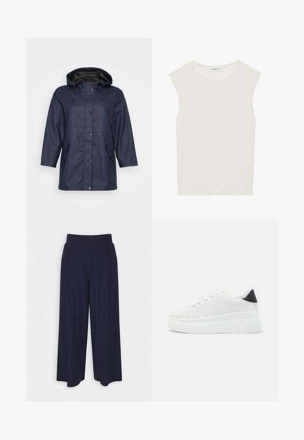 Imperméable bleu marine avec capuche, doté d'une fermeture éclair et de boutons, et de deux poches latérales, présenté sur un fond clair.; Haut sans manches blanc avec un col rond. Fabriqué en tissu lisse, il présente une coupe décontractée et un design minimaliste. Pas de motifs ni d'accents.; Pantalon large en tissu bleu marine foncé avec une texture côtelée. Il présente une taille lisse et une silhouette fluide, atteignant la longueur mi-mollet.; Baskets plates blanches en matériau synthétique lisse, avec un bout arrondi, un design à lacets et une semelle en caoutchouc texturé. Accent de talon noir.