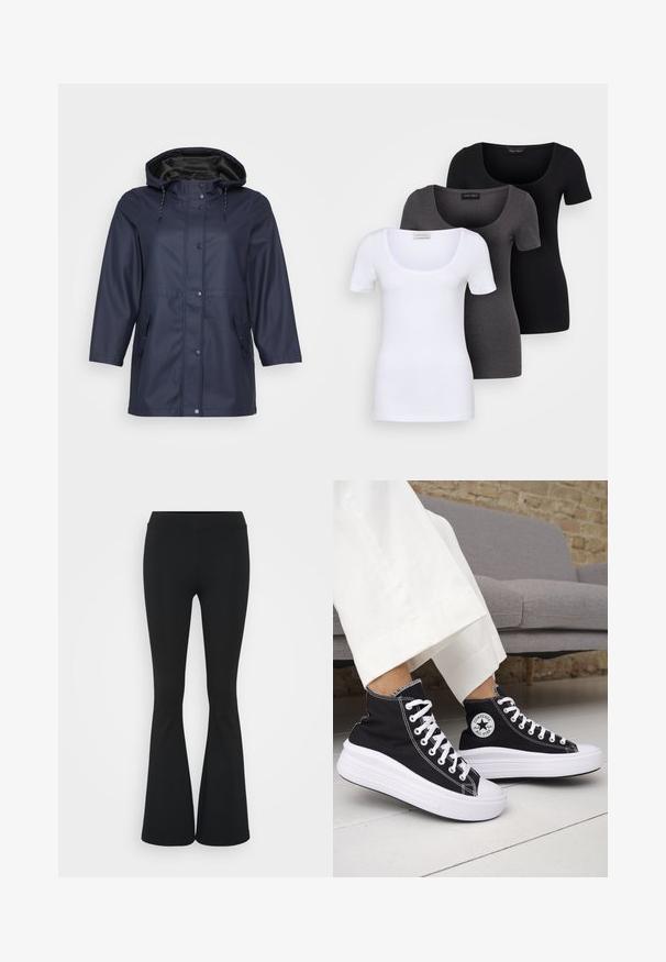 Cappotto impermeabile da pioggia blu navy con cappuccio, dotato di zip e bottoni, e due tasche laterali, esposto su uno sfondo chiaro.; Tre T-shirt aderenti in bianco, grigio e nero. Ognuna presenta un ampio scollo a barca e maniche corte. Realizzate in un tessuto morbido e elastico.; Pantaloni neri a zampa d'elefante realizzati in tessuto elasticizzato, con una vita alta e una superficie liscia. I pantaloni si allargano a partire dal ginocchio.; Sneakers nere alte con suole e lacci in gomma bianca. Presentano una toppa con logo rotondo e cuciture a contrasto bianche. Materiale in tela.