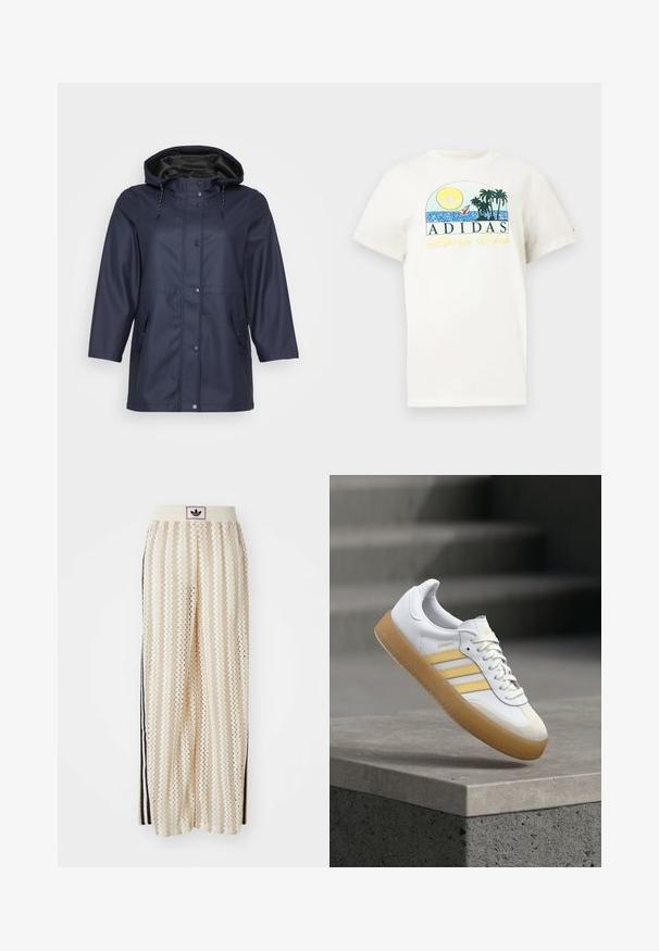 Navy waterproof raincoat with a hood, featuring a zipper and buttons, and two side pockets, displayed against a light background.; White cotton t-shirt featuring a graphic design with a sun, palm trees, and water. "ADIDAS Sports Club" printed in green and yellow.; Cream-colored wide-leg pants with a zigzag pattern, featuring a black logo waistband and side black stripes. Lightweight, textured fabric.; White leather sneaker with yellow accents, three stripes, and a gum rubber sole. Features a rounded toe and textured tongue.