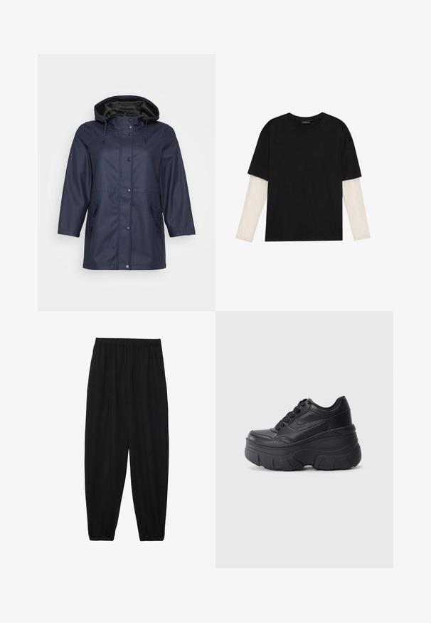 Cappotto impermeabile da pioggia blu navy con cappuccio, dotato di zip e bottoni, e due tasche laterali, esposto su uno sfondo chiaro.; T-shirt nera in cotone con maniche corte sopra un sotto manica lunga bianca, caratterizzata da una sottile texture. Design con scollo rotondo.; Pantaloni neri leggeri con vita elastica e caviglie arricciate. Il tessuto è liscio e presenta un design rilassato e affusolato.; Sneaker nere con lacci e suola spessa, caratterizzate da una tomaia in pelle liscia, punta arrotondata e un distintivo design a piattaforma stratificata.