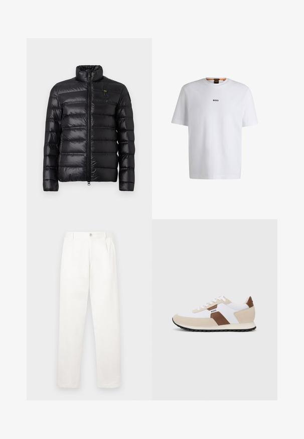 Čierna páperová bunda s horizontálnym prešívaným vzorom, stojatým golierom, predným zipsom a malou nášivkou loga na ľavej hrudi.; Biela bavlnená tričko s krátkymi rukávmi, na prednej strane so stredne umiestneným čiernym logom "BOSS" a okrúhlym výstrihom.; Biele nohavice vyrobené z hladkej tkaniny, s rovnými nohavicami, prednými záhybmi a jedným gombíkom na zapínanie v páse.; Tenisky s kombináciou bielej sieťoviny a béžovej semišovej úpravy, s hnedým koženým akcentom. Guľatý špic, plochá gumová podrážka a šnurovací dizajn.