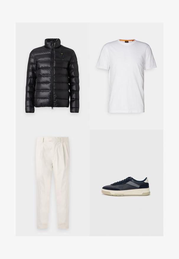 Juodas pūkinis švarkas su horizontaliu siuvinėjimo raštu, stovinė apykaklė, priekinis užtrauktukas ir mažas logotipo išsiuvinėjimas kairėje krūtinės pusėje.; Balta medvilnė marškinėliai su apvalia iškirpte, trumpomis rankovėmis ir subtiliu iškilniu logotipu ant krūtinės. Viduje esantis etiketas turi oranžinį akcentą.; Balti, susiūtos kelnes, turinčios pritaikytą siluetą, pasižyminčias lygia tekstūra, dirželio kilpomis ir siaurėjančiomis kojomis. Nėra matomų kišenių ar raštų.; BOSS BALTIMORE - Sportbačiai - open blue