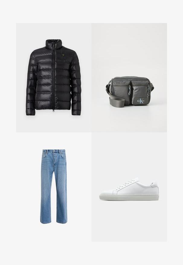 Fekete puffernadrág vízszintes steppelt mintával, álló gallérral, elülső cipzáras záródással és kis logóval a bal mellen.; Hosszú ujjú, állógalléros ing világos krém színű pamutból. Sima textúra, laza fit, minimalista dizájn, nincs látható minta vagy kiegészítő.; Világoskék farmernadrág, egyenes szárú fazonnal, öt zsebbel, gombos záródással, minimális kopással és kontrasztos varrással.; Fehér sportcipő sima bőr felső résszel és alacsony profilsal. Kerek orr, hat fűzőlyuk és barázdált gumitalp jellemzi.; Szürke nylon keresztpántos táska két cipzáras elülső zsebbel, állítható pánttal és logó kiemeléssel. Simaság jellemzi, modern dizájnnal.