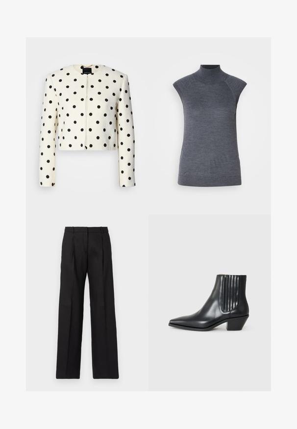 Veste courte en tissu crème avec des pois noirs. Dotée de manches longues, d'un col rond et d'une fermeture à l'avant. Finition texturée.; Haut à col montant sans manches gris, coupe moulante, texture côtelée, tissu lisse, avec un col haut et des découpes stylées aux épaules.; Pantalons noirs sur mesure avec un design à jambe droite, présentant des plis nets et une texture lisse. Confectionnés à partir d'un tissu léger.; Bottine en cuir noir avec un bout pointu, des panneaux latéraux élastiques avec des rainures verticales, et un petit talon bloc. Texture lisse et design épuré.