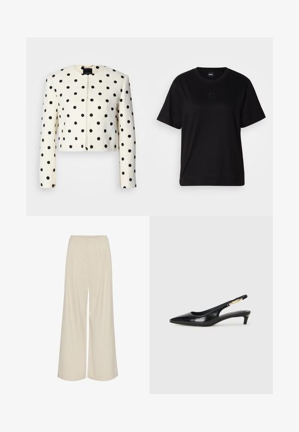 Jachetă scurtă din stofă crem cu buline negre. Prezintă mâneci lungi, guler rotund și închidere frontală. Finisaj texturat.; T-shirt negru din bumbac, cu guler rotund, mâneci scurte și un logo brodat pe piept. Design simplu, cu o croială relaxată și fără modele.; Pantaloni evazați dintr-un material bej deschis, cu pliseuri, talie înaltă și o textură netedă, fără embellishments vizibile.; Sandale slingback din piele neagră cu vârf ascuțit, având un toc subțire și un accent de culoare aurie pe curea ajustabilă. Textură netedă.