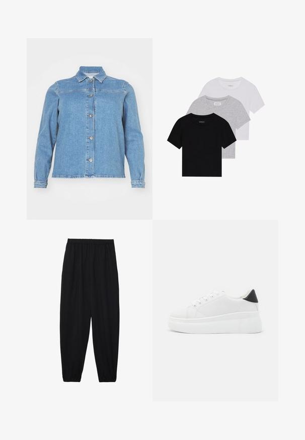 Gaišs zila džinsa jaka ar apkakli, garām piedurknēm, priekšējo pogu aizdari un divām krūšu kabatām. Iezīmē nedaudz nolietotu apakšmalu.; Trīs īsām piedurknēm T-krekli melnā, pelēkā un baltā krāsā. Izgatavoti no kokvilnas, ar apaļu kakla izgriezumu un vienkāršu, viendabīgu krāsas dizainu.; Melnas, vieglas bikses ar elastīgu jostu un savilktiem potītiem. Audums ir gluds un to raksturo brīva, sašaurināta forma.; Baltas platforma kedas, izgatavotas no gludas sintētiskas vielas, ar noapaļotu purngalu, saites dizainu un teksturētu gumijas zoli. Melna papēža akcenta detaļa.
