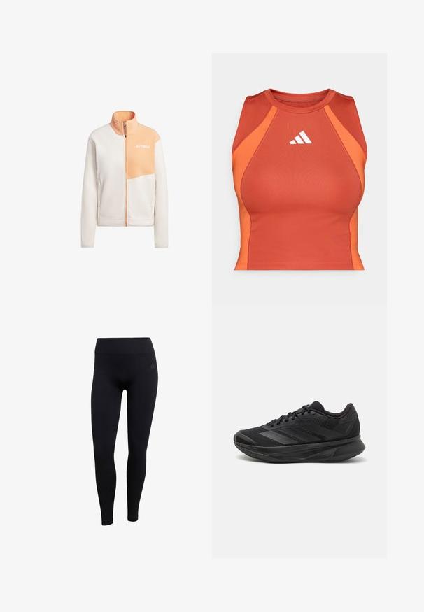 Fleecejacke in hellem Creme und Pfirsich, mit Reißverschluss, Stehkragen, einer Brusttasche und Logodetail auf der oberen linken Seite.; Orange athletisches Crop-Top aus glattem, dehnbarem Material. Verfügt über ein Racerback-Design und ein weißes Logo auf der Vorderseite.; Schwarze sportliche Leggings aus dehnbarem Stoff, mit hohem Bund, enganliegendem Schnitt und gerippten Knöchelbündchen. Subtiles Markenlogo.; Schwarzer Laufschuh mit einem atmungsaktiven Mesh-Obermaterial, runder Zehenpartie, schlankem Design, strukturierten Akzenten und einer gepolsterten Sohle für Komfort.