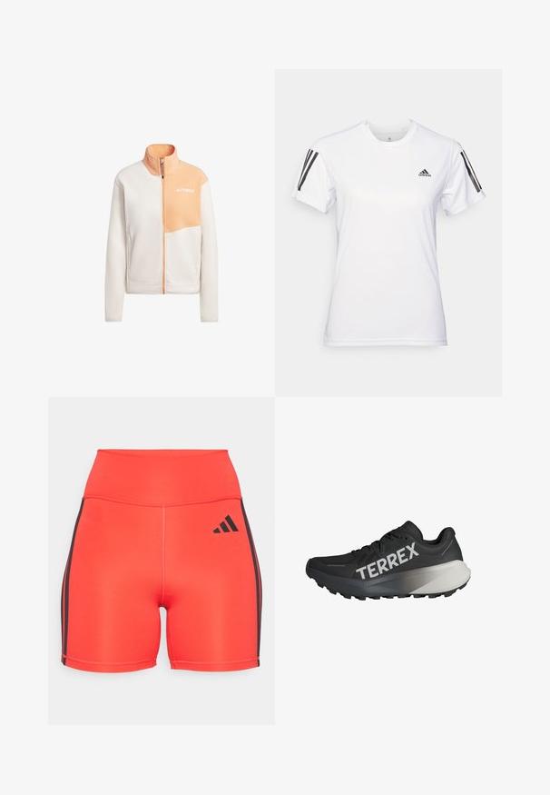 Giacca in pile color crema chiaro e pesco, con chiusura a zip, colletto rialzato, e pannello sul petto con dettaglio del logo sul lato sinistro superiore.; Maglietta sportiva bianca realizzata in un tessuto leggero e liscio. Presenta dettagli neri a tre strisce sulle spalle e un piccolo logo nero sul petto.; Shorts sportivi rossi brillanti con vita alta, caratterizzati da strisce laterali nere e logo Adidas. Realizzati in tessuto elasticizzato per un comfort ottimale.; Scarpe da corsa nere con una parte superiore testurizzata, prominente logo "TERREX" in bianco, design del suola affusolato e un accento grigio sfumato sul tallone.