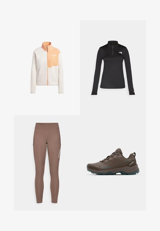 Fleecejakke i lys fløde og fersken, lynlås lukning, stående krave, med et brystpanel og logodetalje på øverste venstre side.; The North Face FLEX 1/4 ZIP GRAPHIC - Langærmet T-shirt - black; Brune atletiske leggings med høj talje, der har sidelommer og et hvidt logo. Glat, strækbart stof for komfort og bevægelighed.; Grå og teal vandresko med mesh-paneler, tekstureret overdel og robust gummisål. Har polstret tunge og snørebåndsdesign.