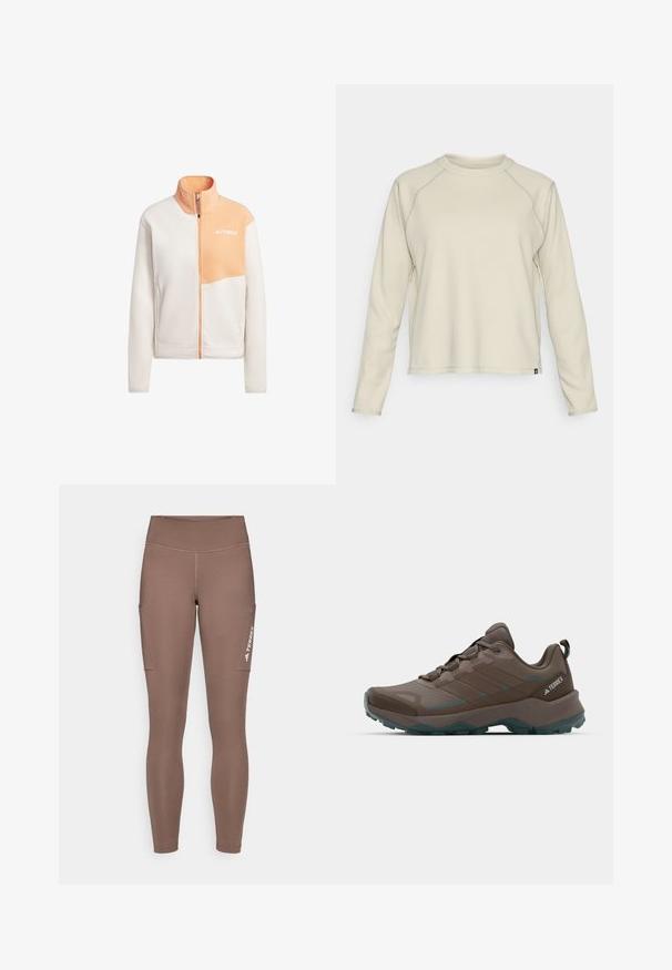 Jakna od flisa u svijetloj krem i breskvastoj boji, sa zatvaračem na izmjeničnu i stoičnim ovratnikom, s prednjim panelom i detaljem logotipa na gornjoj lijevoj strani.; Svijetlo bež majica dugih rukava s teksturiranim, rebrastim dizajnom. Ima raglan rukave i zaobljeni izrez. Suptilan brend logo na rubu.; Smeđe atletske tajice s visokim strukom, s bočnim džepovima i bijelim logotipom. Glatka, rastezljiva tkanina za udobnost i pokretljivost.; Sive i tirkizne planinarske cipele s mrežastim panelima, teksturiranim gornjim dijelom i čvrstim gumenenim potplatom. Imaju podstavljeni jezik i dizajn sa vezicama.