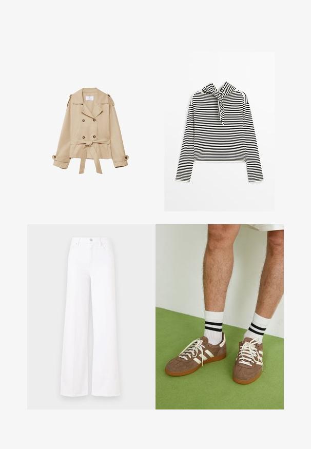 Stradivarius WITH BELT - Giacca leggera - beige; Massimo Dutti STRIPED WITH REMOVABLE BANDANA - Maglione - beige; Jeans bianchi a gamba larga in denim, caratterizzati da vita alta, chiusura con bottone frontale e quattro tasche. Texture liscia senza motivi visibili.; Sneaker in suede marrone con dettagli e lacci bianchi. Suola in gomma color gomma. Indossati con calzini bianchi con righe nere. Pavimento verde texturizzato.