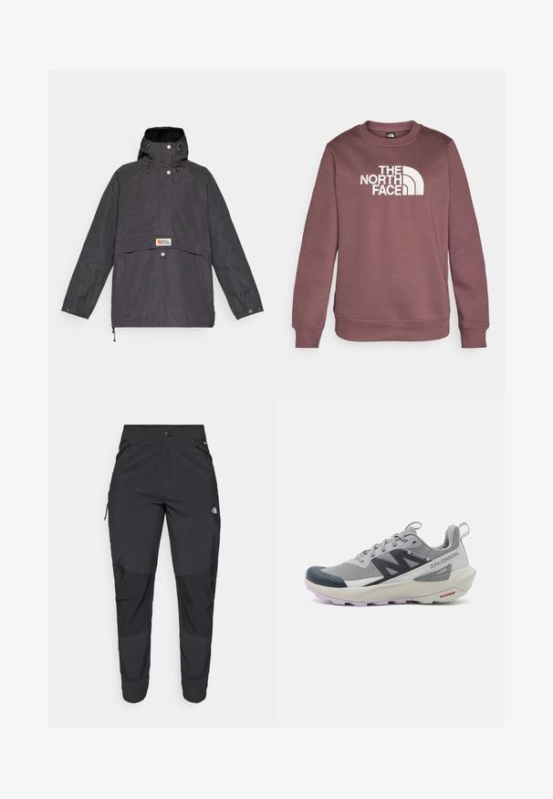 Musta kapuutsiga pullover-jakk, millel on esikott, klambernupud ja reguleeritav nöör. Valmistatud tekstureeritud, ilmastikukindlast kangast.; The North Face DREW PEAK CREW - Pusa - tawny quartz/high rise grey; Must black välitingimustes püksid, mis on valmistatud vastupidavast kangast. Omavad lukugaTaskuid, tugevdatud põlvepaneele ja sirget lõiget liikuvuse tagamiseks.; Salomon jooksujalats hallis ja tumesinises värvitoonis omab hingavat sange, kummist varbakatet ja tekstureeritud tallatoote, millel on lavendli aktsendid.