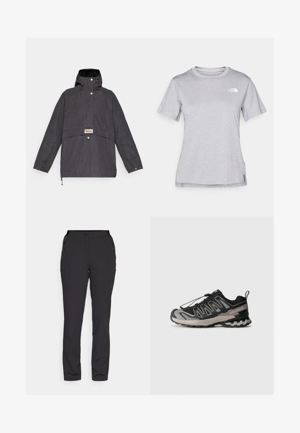 Melna kapucīne ar priekšējo kabatu, spiedpogām un auklu pielāgošanai. Izgatavota no teksturēta, laikapstākļiem izturīga auduma.; Pelēks īsām piedurknēm T-krekls, kas izgatavots no mīksta, mitrumu noturoša auduma. Tam ir apaļš kakls un neliels balts logo kreisajā augšējā stūrī.; Melnas āra bikses, izgatavotas no viegla auduma, piedāvā taisna griezuma dizainu, kabatas ar rāvējslēdzēju sānos un regulējamu jostasvietu.; Melnas un pelēkas sporta apavus ar sietveida augšdaļu, gumijas zoli un elastīgu šņorēšanas sistēmu. Iespējama pastiprināta purngala un teksturēti akcenti.