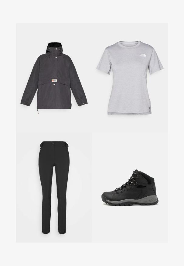 Svart hoodiejacka med framficka, tryckknappar och dragsnodd för justering. Tillverkad av ett strukturerat, väderbeständigt material.; Grå kortärmad t-shirt i mjukt, fuktavledande tyg. Har en rund halsringning och en liten vit logotyp på övre vänstra sidan.; Svarta, åtsittande byxor tillverkade av ett flexibelt material. Funktioner inkluderar en ficka med dragkedja på sidan, artikulerade knän och en jämn yta.; Svart vandringskänga med mellanhög design, som har en texturerad överdel, grå accenter och en slitstark gummisula med greppklackar.
