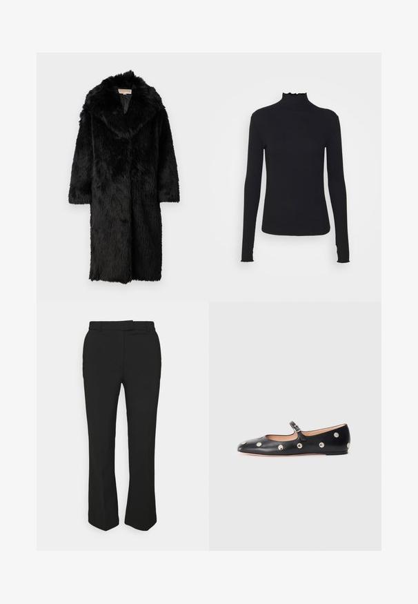 MICHAEL Michael Kors LONG COAT - Zimný kabát - black; Čierny dlhý rukáv turtleneck top vyrobený z hladkej látky, s volánovým golierom a priliehavou siluetou s jednoduchými okrajmi.; Čierne upravené nohavice so strihem rovného nohu, vybavené pútkom na opasok a bočnými vreckami. Vyrobené z hladkého materiálu s čistým povrchom.; Čierne kožené baleríny typu Mary Jane s okrúhlou špičkou, so striebornými kruhovými cvokmi a nastaviteľným remienkom so sponou.