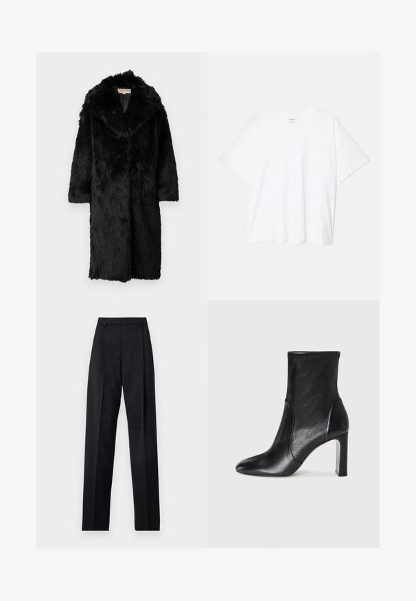 MICHAEL Michael Kors LONG COAT - Vinterfrakke - black; Hvid bomulds-t-shirt med korte ærmer, rund halsudskæring, afslappet pasform og stitched søm. Mærket er synligt indeni halsen.; Sorte bukser lavet af glat stof, der har høj talje, brede ben, frontfolder og klassiske bælteløkker. Ingen synlige sidelommer.; Sorte læder ankelstøvler med et slankt design, spids tå og høj blokhæl. Har en glat overflade og minimalistic syning.