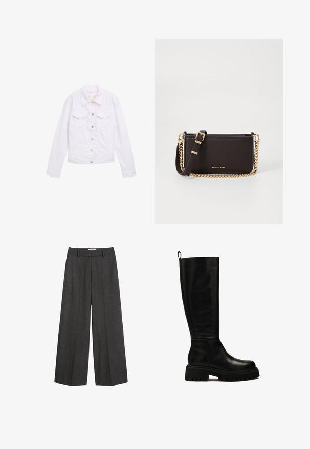 Baltā denima jaka ar garām piedurknēm, klasisku apkakli, diviem krūšu kabatām, sudraba pogu detaļām un izšūtām apdari uz priekšpuses un piedurknēm.; Jūras spēku zila adīta kardigāna jakas ar apaļu dekoltē, sešiem pogu aizvēršanas elementiem, kā arī ribota apakšmala un piedurknes. Mazs sarkans logotipa akcenta elements kreisajā krūtī.; Balta krekla ar garām piedurknēm, strukturētu apkakli un noapaļotu apakšu. Izgatavots no gludas, viendabīgas auduma bez redzamām rakstu vai akcentu detaļām.; Platas kājas bikses tumši pelēkā audumā. Iezīmēts ar pielāgotu jostas vietu ar jostas cilpām, gludu tekstūru un minimālām šuvju akcents.; Melni ceļgalu augstie ādas zābaki ar elegantu dizainu, noapaļotu purngali, un masīvu gumijas zoli ar dziļām iedobēm un cilpu augšpusē.; MICHAEL Michael Kors BRYANT SM XBODY POUCHETTE - Soma ar siksnu pāri ķermenim - chocolate