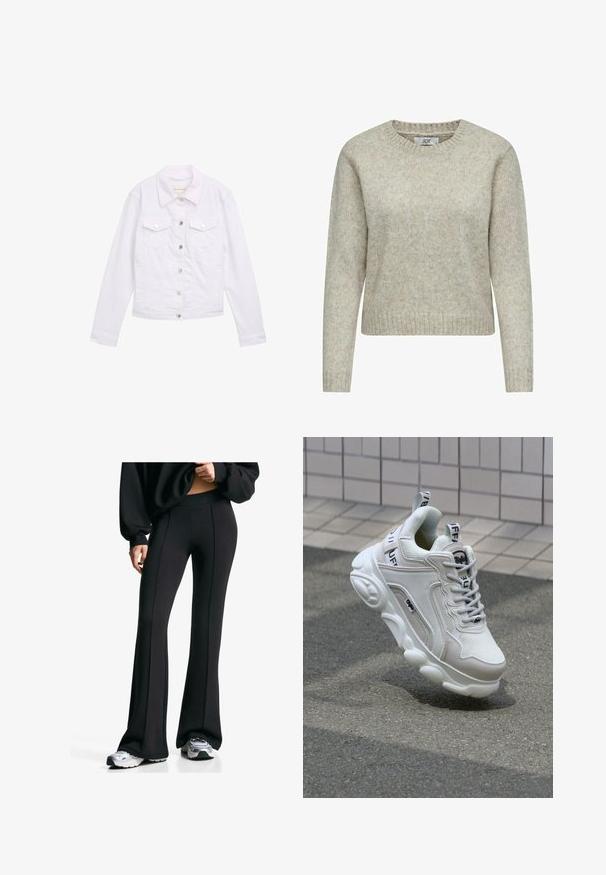 Weiße Jeansjacke mit langen Ärmeln, klassischem Kragen, zwei Brusttaschen, silberner Knopf-Hardware und genähten Details an der Vorderseite und den Manschetten.; Beige Damenpullover aus weichem Strickstoff, mit rundem Halsausschnitt sowie gerippten Bündchen und Saum. Klassisches, gerade geschnittenes Design.; Schwarze Schlaghosen mit hohem Bund und seitlichen Nähten. Hergestellt aus dehnbarem Material, besitzen sie eine glatte Textur. Kombiniert mit Sportschuhen.; Weißer Sneaker aus Mesh- und Ledermaterialien, mit rundem Zehenbereich, dicker Sohle, auffälligen Schnürsenkeln sowie Branding an der Ferse und der Zunge.