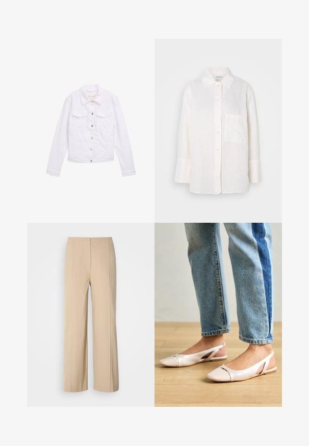 Jachetă din denim alb, cu mâneci lungi, guler clasic, două buzunare pe piept, accesorii cu butoane argintii și detalii cusute pe față și mansete.; Cămașă albă din in, cu mânecă lungă și guler cu nasturi. Are un buzunar frontal și o croială relaxată, ușor supradimensionată. Material texturat.; Pantaloni wide-leg bej, confecționați dintr-un material structurat, având un design minimalist cu plissuri presate și un talie plată.; Sandalete plate de un roz pal cu vârf ascuțit, realizate dintr-un material asemănător pielii, neted. Prezintă detalii decupate pe laterale și un toc plat.
