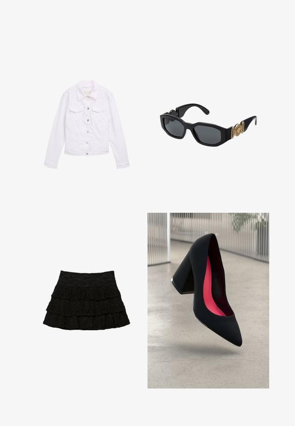 Bela traper jakna s dugim rukavima, klasičnom kragnom, dva džepa na prsima, srebrnim dugmićem i ušivenim detaljima na prednjem dijelu i manžetama.; Crna tunika s dugim rukavima i dizajnom bez ramena. Izrađena od glatkog materijala, ima uski kroj i bešavnu konstrukciju.; Crna suknja s naborima koja se sastoji od tri sloja ruffles-a s teksturiranim cvjetnim uzorkom. Elastična naramenica za udobnost i prilagođavanje.; Crna visoka potpetica s oštrim vrhom, teksturiranom površinom i živopisnom ružičastom unutrašnjošću. Ima masivnu potpeticu s srebrnim detaljem.; Crne sunčane naočale s debelim geometrijskim okvirom, tamnim lećama i zlatnim metalnim detaljima na sljepoočnicama koji uključuju okrugli amblem.