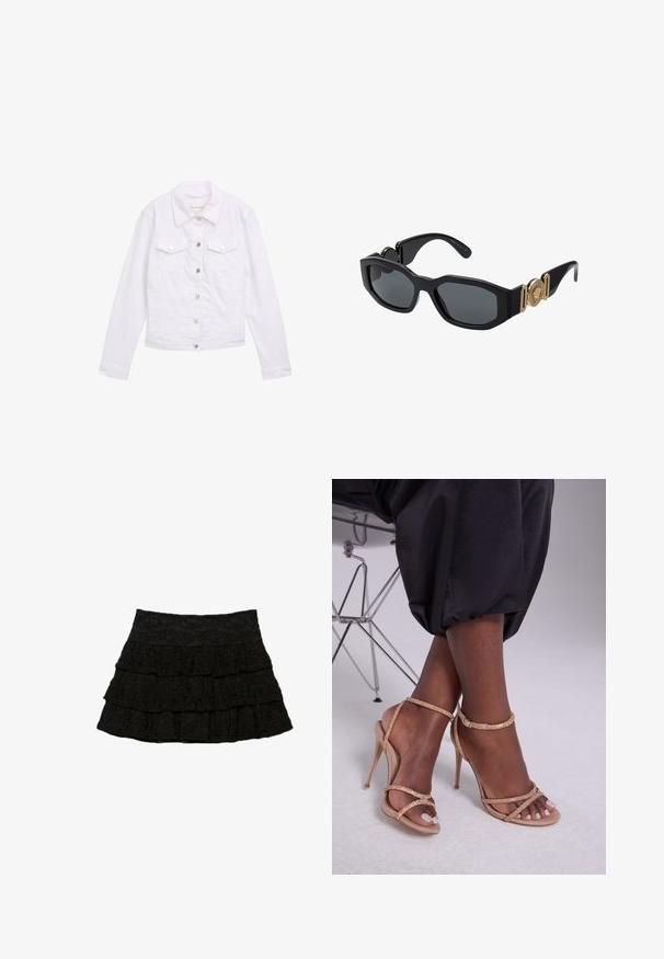 Giacca in denim bianco con maniche lunghe, colletto classico, due tasche sul petto, bottoni in metallo argentato e dettagli cuciti sulla parte anteriore e sui polsini.; Top nero a spalle scoperte con maniche lunghe realizzato in tessuto morbido, caratterizzato da una vestibilità ampia e una trama liscia. Senza pattern o decorazioni visibili.; Gonna nera a balze con tre strati di volant e un motivo floreale testurizzato. Vita elastica per comfort e vestibilità.; Sandali con tacco beige decorati con cristalli, caratterizzati da una punta aperta, sottili cinturini e un silhouette elegante.; Occhiali da sole neri con una montatura geometrica spessa, lenti scure e accenti in metallo dorato sulle aste che presentano un dettaglio ad emblema rotondo.; Wristlet Michael Kors in tela rivestita beige con motivo a logo MK ripetuto, hardware dorato e tracolla a catena staccabile.