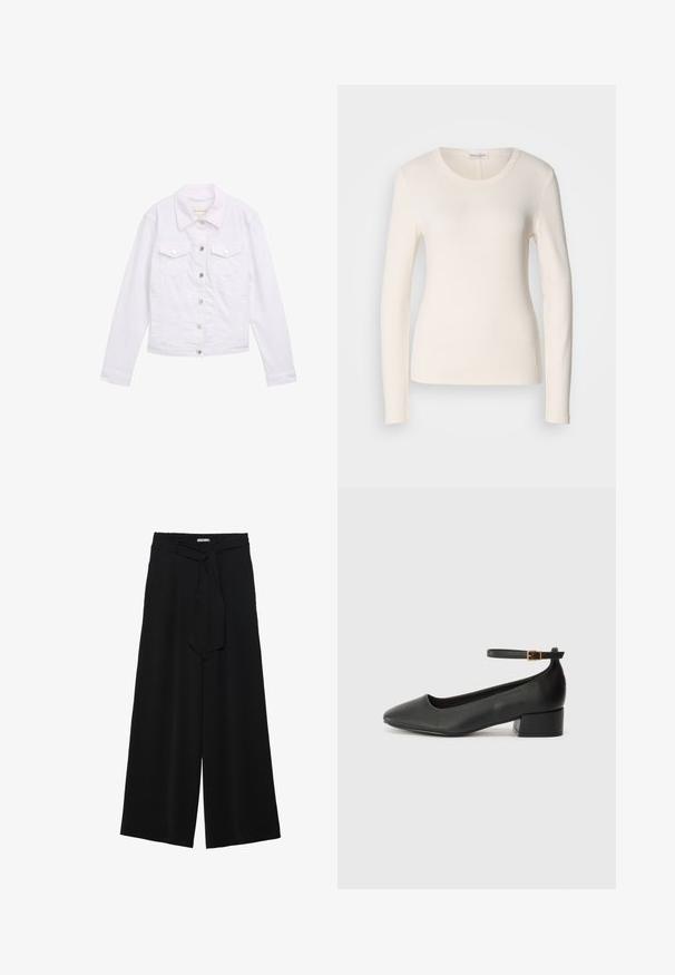 Bela denim jakna z dolgimi rokavi, klasičnim ovratnikom, dvema žepoma na prsih, srebrnimi gumbi in šitimi podrobnostmi na sprednji strani in na manšetah.; T-shirt z dolgimi rokavi iz kremastega bombaža, z okroglo ovratnico, prilegajočim se krojem in majhnim logotipom blizu roba. Gladka tekstura.; Črne široke hlače iz teksturirane tkanine, z elastičnim pasom in odstranljivim trakom na pasu za prilagodljivo prileganje.; Črne usnjene pumpice z nazobčanimi prsti in nizko blokasto peto. Imajo trak okoli gležnja z zaponko v zlatem tonu. Gladka tekstura.