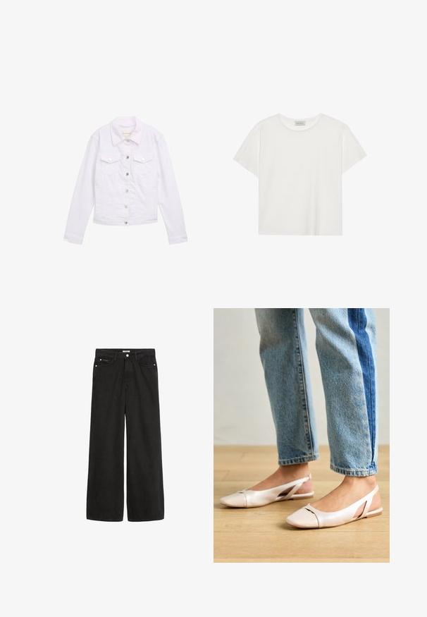Witte denimjas met lange mouwen, klassieke kraag, twee borstzakken, zilveren knopen en gestikte details op de voorkant en manchetten.; Witte T-shirt met korte mouwen, gemaakt van zachte katoen. Heeft een ronde halslijn en een relaxte pasvorm. Schoon ontwerp zonder zichtbare patronen of accenten.; Zwarte denim jeans met wijde pijpen en een hoge taille. Bevat vijf zakken, metalen beslag en een nette afwerking. De textuur is glad en zacht.; Zachtroze slingback ballerina's met een spitse neus, gemaakt van een glad leerachtig materiaal. Bevat uitsnijdingen aan de zijkanten en heeft een platte hak.