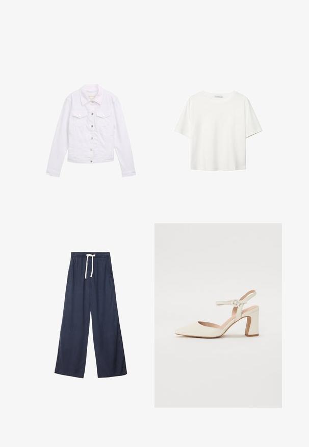 Biała dżinsowa kurtka z długimi rękawami, klasycznym kołnierzykiem, dwoma kieszeniami na piersi, srebrnymi guzikami i przeszyciami z przodu oraz na mankietach.; Biała koszulka z krótkim rękawem, wykonana z bawełny. Posiada okrągły dekolt i luźny krój. Gładka faktura bez widocznych wzorów czy akcentów.; Granatowe spodnie o szerokich nogawkach, wykonane z miękkiego, fakturowanego materiału. Posiadają elastyczny pas z troczkiem oraz boczne kieszenie.; Czółenka w kolorze kremowym z szpiczastym noskiem i blokowym obcasem. Zawierają cienki pasek na kostkę z okrągłą klamrą oraz gładką skórzaną fakturę.
