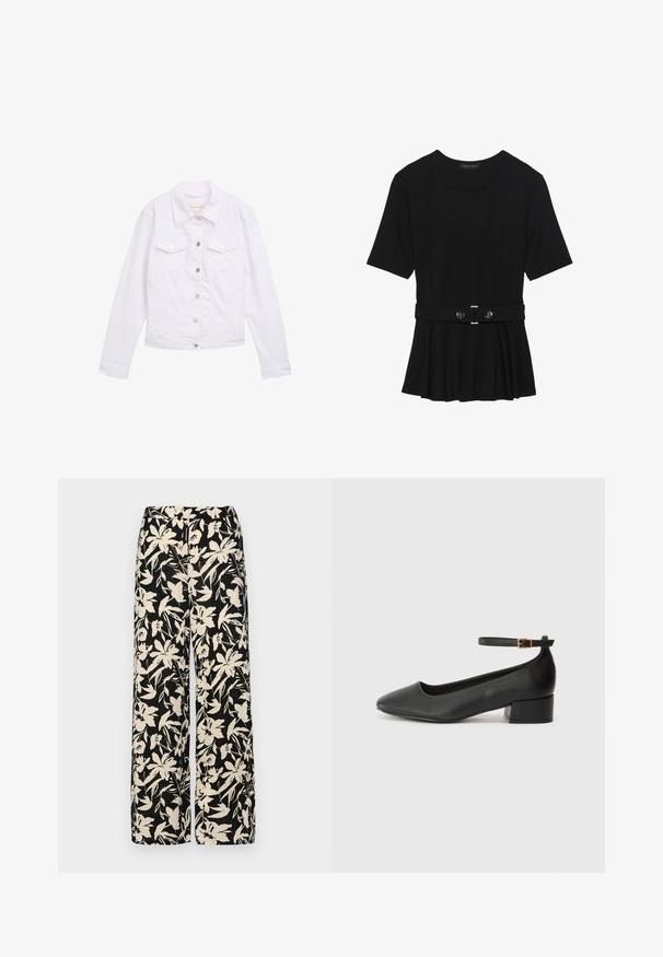 Valkoinen farkkutakki, jossa on pitkät hihat, klassinen kaulus, kaksi rintataskua, hopeiset napit ja ommeltu yksityiskohtia edessä ja hihansuissa.; Musta lyhythihainen paita, joka on valmistettu sileästä materiaalista ja jossa on peplum-muotoilu sekä vyötäröllä vyö, jossa on kaksi pyöreää hopeanväristä nappia.; Mustat leveälahkeiset housut, joissa on kermaisen värinen kukkakuosi. Valmistettu kevyestä kankaasta, jossa on sileä pinta ja korkea vyötärö.; Mustat nahkakengät, joissa on terävä kärki ja matala lohkare korko. Varustettu nilkkahihnalla, jossa on kultasävyinen solki. Lisää sileä pinta.