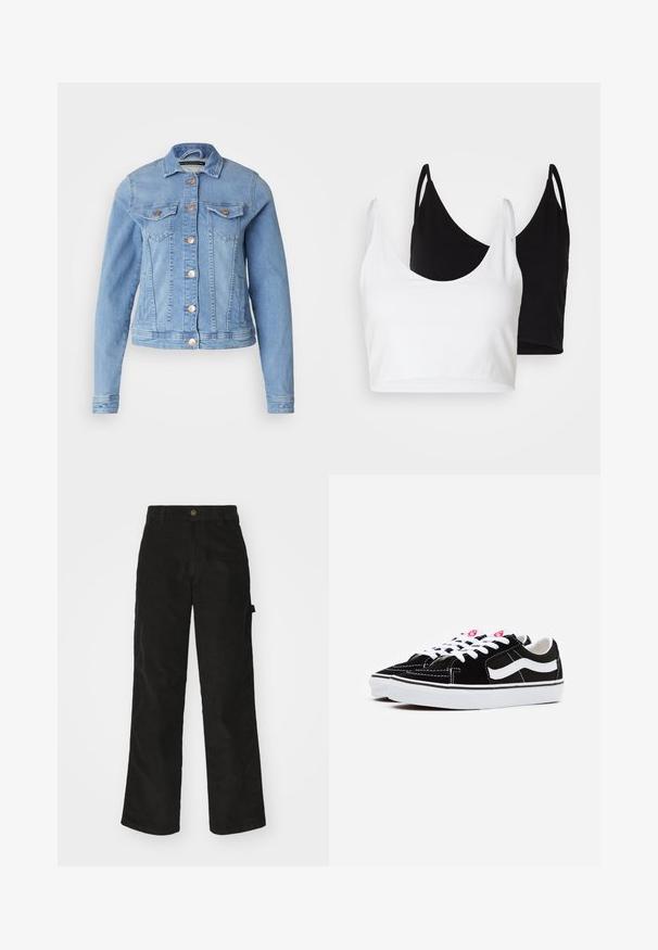 Hellblaue Jeansjacke mit klassischem Kragen, zwei Brusttaschen, kupferfarbigen Knöpfen und einem leicht verkürzten Schnitt. Glatte Textur und taillierte Form.; Zwei Baumwoll-Crop-Tops in Weiß und Schwarz. Jedes hat einen tiefen Ausschnitt und dünne Träger und verfügt über eine glatte, weiche Textur.; Schwarze Cordhosen mit geradem Schnitt, ausgestattet mit einem Knopfverschluss und einer Seitenlasche. Glatte Textur mit feinen verticalen Streifen.; Schwarze Wildleder-Sneaker mit weißen Schnürsenkeln, die einen auffälligen weißen Seitenstreifen und eine schwarze Gummisohle aufweisen, mit kontrastierenden Nähdetails.