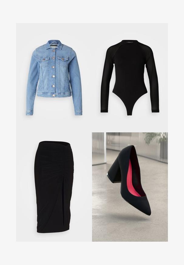 Light blue denim jacket with a classic collar, two chest pockets, copper buttons, and a slightly cropped design. Smooth texture and fitted shape.; Black long-sleeve bodysuit with a high neck, featuring solid fabric on the torso and sheer mesh sleeves, designed in a fitted shape.; Black, ruched pencil skirt with tie detail and a side slit. Made from a stretchy fabric, featuring a smooth texture and form-fitting design.; Black high heel shoe with a pointed toe, textured surface, and a vibrant pink interior. Features a chunky heel with silver accent.