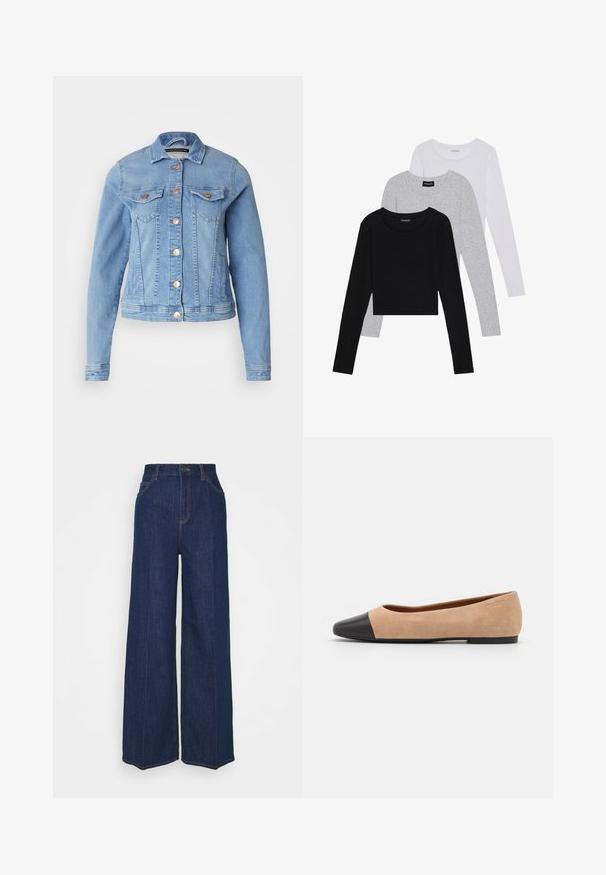 Gai zila denima jaka ar klasisku apkakli, divām krūšu kabatām, vara pogām un nedaudz saīsinātu dizainu. Gluda tekstūra un pieguļošs siluets.; Trīs garām piedurknēm veidotas augšdaļas, sakrautās: melna, pelēka un balta. Katram ir noapaļots kakla izgriezums un īsa dizaina forma ar gludu, vieglu audumu.; Augstas jostas līmeņa plaša kāju tumši zila džinsu bikses ar priekšējiem un aizmugurējiem kabatām, poga aizdare un redzami šuvju detaļas.; Beigā zamšādas balerīnas ar melnu ādas noapaļotu purngalu, zemu papēdi un gludu tekstūru, ar minimālu dūrienu un tīru dizainu.