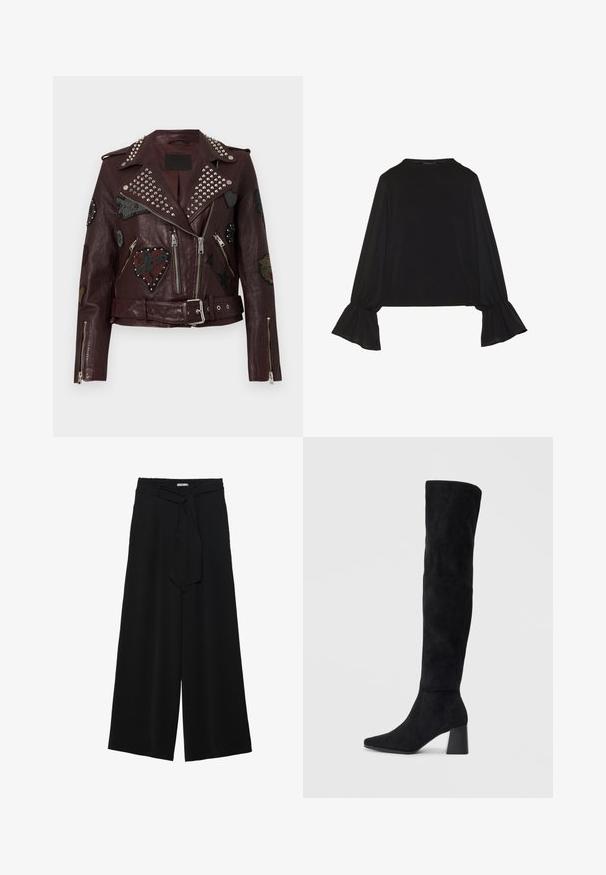 Bordeauxrode leren bikerjas met zilverkleurige studs, ritssluitingen en diverse geborduurde patches van harten en sterren. Taille met riem.; Zwarte langemouwen top met uitlopende manchetten, een zachte textuur en een relaxed fit, met een eenvoudige ronde halslijn.; Zwarte wijde broek van textuurstof, met een elastische tailleband en een afneembare sjaalstrik in de taille voor een verstelbare pasvorm.; Zwarte suède kniehoge laars met blokhak, spitse neus en een glad, naadloos ontwerp op een effen lichte achtergrond.