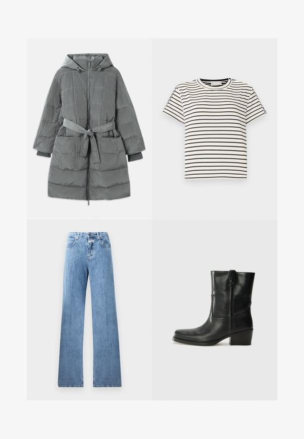 Pelēka, pārmērīga pūkaina jaka ar kapuci, priekšējo rāvējslēdzēju, jostu viduklī, divām priekšējām kabatām un tekstūrētu, kvilte audumu.; Kokvilnas T-krekls īsām piedurknēm ar apaļu kakla izgriezumu, ar melnām vertikālām svītrām uz balta fona un taisnu griezumu.; Gaiši zili džinsi ar platām kājām, pieci kabatas, jostu cilpas un pogu aizdare. Audumam ir gluda tekstūra.; Melna ādas potīte ar noapaļotu purngalu, bloku papēdi, sānu rāvējslēdzēju un šuvju akcentiem uz virsmas. Gluda tekstūra, klasiskā dizaina.