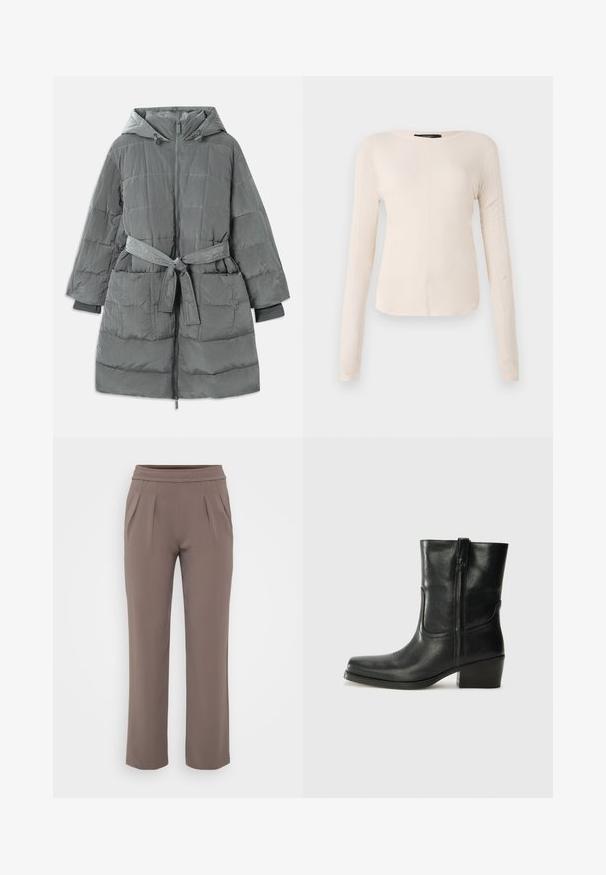 Pelēka, pārmērīga pūkaina jaka ar kapuci, priekšējo rāvējslēdzēju, jostu viduklī, divām priekšējām kabatām un tekstūrētu, kvilte audumu.; Ilgi piedurkņu, gaiši bēšas krāsas blūze ar apaļu dekoltē. Izgatavota no mīksta auduma, ar centrālo šuvi un nedaudz izliekta apakšmala. Nav redzamu papildus elementu.; Taurī šūšanas brīvās formas bikses ar elastīgu jostasvietu un priekšējiem krokām, izgatavotas no gludas auduma.; Melna ādas potīte ar noapaļotu purngalu, bloku papēdi, sānu rāvējslēdzēju un šuvju akcentiem uz virsmas. Gluda tekstūra, klasiskā dizaina.