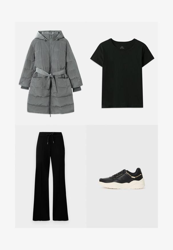Γκρίζο, υπερμεγέθη πούφερ μπουφάν με κουκούλα, μπροστινό φερμουάρ, ζώνη στη μέση, δύο μπροστινές τσέπες και υφασμάτινη, ραμμένη υφή.; Μαύρη κοντομάνικη μπλούζα φτιαγμένη από βαμβάκι. Διαθέτει στρογγυλή λαιμόκοψη και ανάγλυφο κείμενο "Armani Exchange" κατά μήκος του ώμου. Απλός σχεδιασμός.; Μαύρες φαρδιές φόρμες από μαλακό ύφασμα με ρυθμιζόμενη μέση, λεπτομέρειες με πλάγιες σχισμές και κομψό σχέδιο.; Μαύρο δερμάτινο αθλητικό παπούτσι με χοντρή κρεμ σόλα, αξεσουάρ αλυσίδας σε χρυσό τόνο και μαύρες κορδόνες. Λείος υφή με ανάγλυφο λογότυπο στο πλάι.
