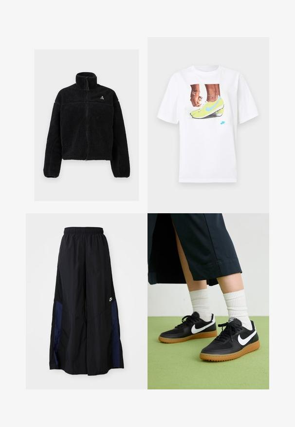 Svart fleecejakke med høy krage, hel glidelås og teksturert mønster. Har en liten logo øverst til venstre. Kort lengde.; Hvit bomull t-skjorte med et grafisk motiv av føtter i gule Nike fotballsko med blå detaljer, kombinert med et armbånd på venstre håndledd.; Svarte vide bukser laget av lett stoff, med et marineblått sidestykke og elastisk midjebånd. Liten hvit logo nederst.; Sorte lær- og syntetiske joggesko med hvit Nike swoosh, gummisåle, rund tå og sorte lisser. Ribbet hvite sokker synlige.