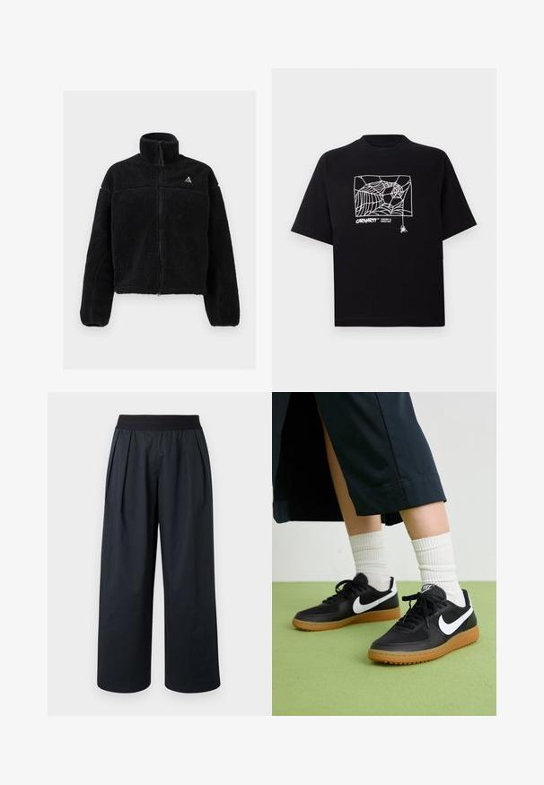 Juodas vilnonis švarkas su aukštu apykakle, visiškai užtraukiamas ir tekstūruotas raštas. Yra mažas logotipas viršuje kairėje pusėje. Švarkas trumpas.; Juodas medvilnės marškinėliai su trumpomis rankovėmis. Priekyje yra balta voratinklio grafika ir logotipas. Paprastas apvalus iškarpymas.; Juodos plačios kelnės su klostuotu priekiniu paneliu, elastiniu liemeniu ir švelnia audinio tekstūra. Turi laisvą kirpimą ir trumpą ilgį.; Juodos odinės ir sintetinių medžiagų sportbačiai su balta Nike swoosh, guminis padas, apvalus pirštas ir juodi raišteliai. Matomos banguotos baltos kojinės.