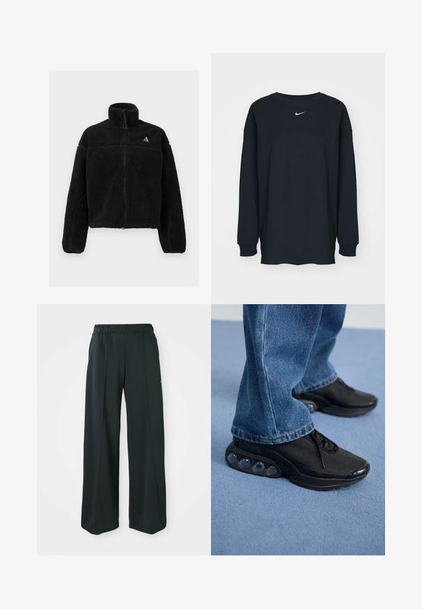 Casaco de fleece preto com gola alta, fecho completo e padrão texturizado. Apresenta um pequeno logótipo no lado superior esquerdo. Comprimento curto.; Camisola preta de mangas longas feita de algodão com decote redondo. Apresenta um logótipo branco da Nike no peito. Textura suave, design simples.; Calças atléticas largas e pretas com um cós elástico. Feitas de um tecido liso e elástico, com costuras frontais discretas e sem bolsos.; Ténis atléticos pretos com parte superior em malha, detalhes texturizados e almofadas de amortecimento de ar visíveis na sola. Usados com uns jeans de ganga azuis.