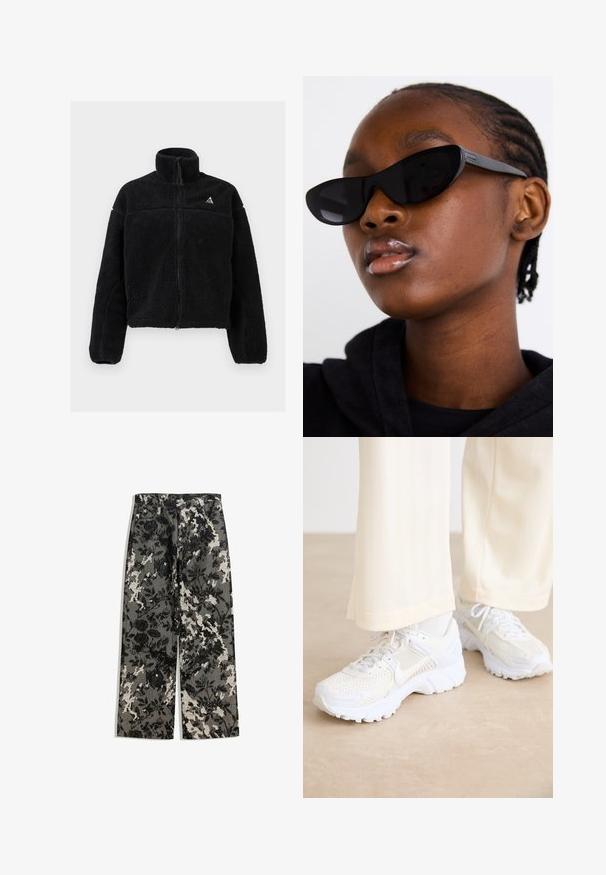 Črna flis jakna z visokim ovratnikom, polnim zadrgo in teksturiranim vzorcem. Ima majhen logotip na zgornji levi strani. Kratka dolžina.; Črna majica z dolgimi rokavi z belim vezenjem levom in napisi, okroglim izrezom in rebrastimi manšetami.; Srednje visoke hlače širokih nogavic z teksturiranim črno-belem cvetličnem vzoru na sivi podlagi, ki imajo klasičen pas in sprednje žepe.; Bela športna obutev z mrežasto zasnovo, teksturiranimi površinami in podporni podplati. Šnure in subtilna oznaka na strani.; Črne mačkaste sončna očala z mat površino, ki se ponašajo s prefinjenim dizajnom in rahlo ukrivljenimi robovi, nastavljene ob modelovih temnih oblačilih.; Even&Odd Torba za nakupovanje - black