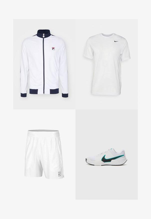 Biela zipová bunda s vysokým golierom, námornícke akcenty na manžetách a pleciach, s malým červeným a modrým logom na prsiach.; Biela krátka tričko s krátkymi rukávmi vyrobené z hladkej látky. Má okrúhly výstrih a malé čierne logo Nike na ľavej hrudi.; Biele športové šortky s elastickým pásom, dvoma bočnými vreckami a malým čiernym logom na dolnej prednej strane. Hladká textúra.; Biele športové tenisky s textúrovaným sieťovaným zvrškom, čiernou gumovou podrážkou a akcentom teal loga Nike. Obsahujú šnúrky a vypolstrovaný golier.