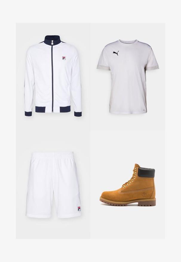 White zip-up jacket with a high collar, navy accents on cuffs and shoulders, featuring a small red and blue logo on the chest.; White short-sleeve athletic shirt with a round neckline, featuring breathable mesh accents on the sides and a black Puma logo on the chest.; Fila SHORTS JAKOB - Sports shorts - white/navy; Tan suede ankle boot with black padded collar, gold metal eyelets, white stitching detailing, and rugged rubber sole with pronounced treads.