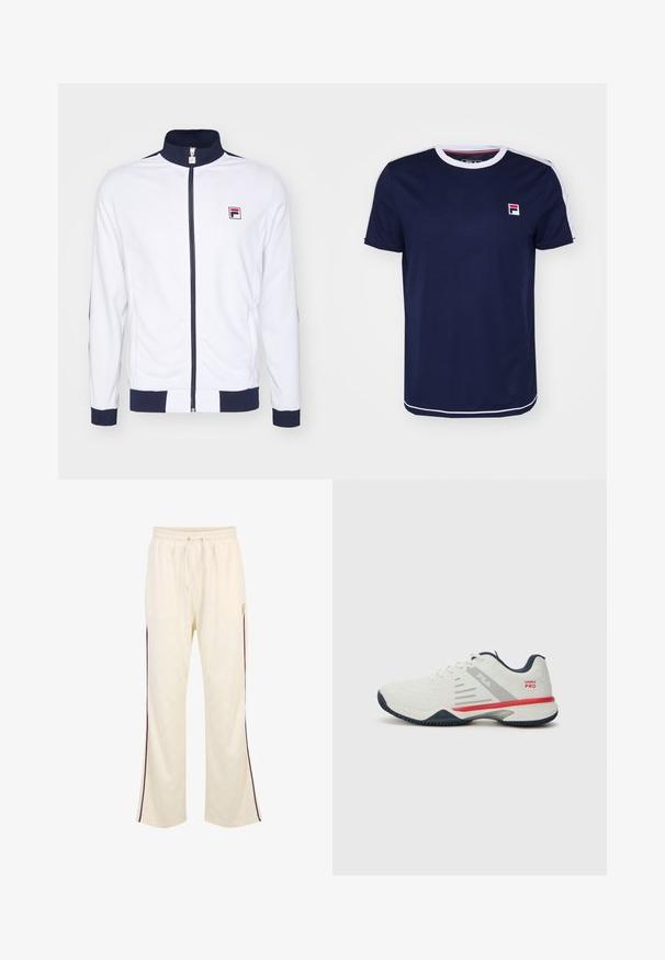 Weißer Reißverschlussjacke mit hohem Kragen, marineblaue Akzente an den Bündchen und Schultern, mit einem kleinen rot-blauen Logo auf der Brust.; Marineblaue Kurzarm-T-Shirt mit weißem Rundhalsausschnitt, ausgestattet mit rot-weißen gestreiften Akzenten an den Schultern und einem Logo-Patch.; Cremfarbene Jogginghose mit einem dezenten Allover-Logo-Muster, elastischem Bund mit Kordelzug und kontrastierenden dunkelvioletten Seitenstreifen.; Weißer Sportschuh mit grauen und roten Akzenten, strukturiertem Mesh-Obermaterial, flexibler Sohle und markantem Seitenteil-Design. Verfügt über eine Schnürung.