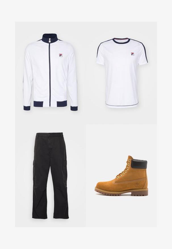 White zip-up jacket with a high collar, navy accents on cuffs and shoulders, featuring a small red and blue logo on the chest.; White short-sleeve t-shirt made of breathable fabric, featuring navy accents on sleeves and a small FILA logo on the chest.; Black cargo pants with a straight-leg design, featuring two side pockets, a button closure, and a textured fabric.; Tan suede ankle boot with black padded collar, gold metal eyelets, white stitching detailing, and rugged rubber sole with pronounced treads.