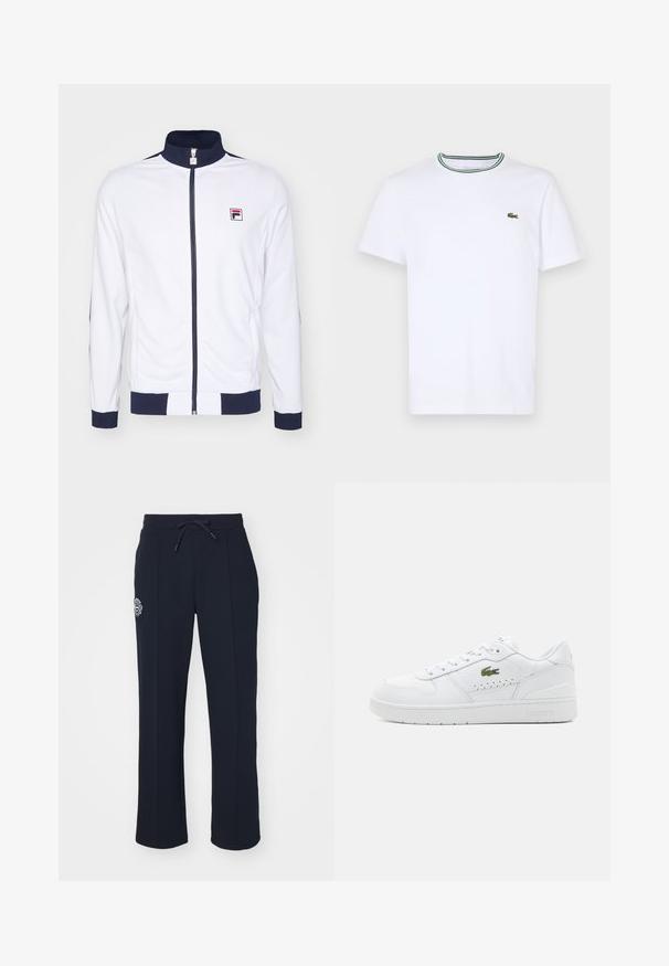 Hvit zip-up jakke med høy krage, marineblå detaljer på mansjetter og skuldre, med en liten rød og blå logo på brystet.; Hvit bomulls T-skjorte med korte ermer og ribbet krage som har grønne og svarte striper; liten grønn brodert logo på venstre bryst.; Marineblå joggebukser laget av mykt stoff, med snor i livet og sidelommer. Inkluderer en liten brodert logo på venstre lår.; Hvite lær sneakers med perforerte detaljer, flate lisser og en liten grønn logo på siden. Gummisåle og polstret krage for komfort.
